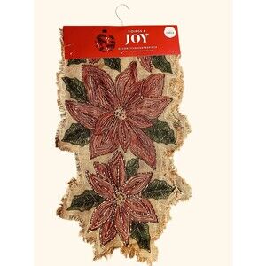 Tidings & Joy Christmas Jute Table Runner Poinsettia Brand New 52”x14”